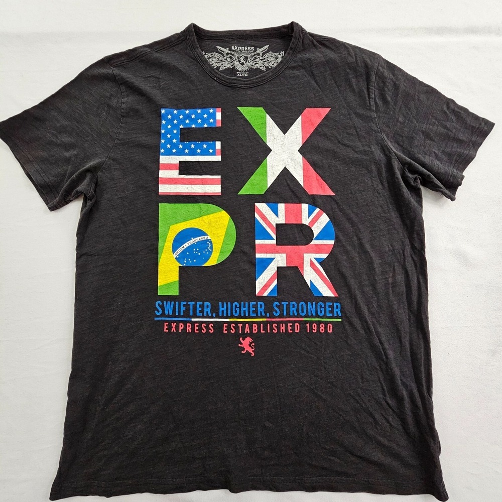 Express Country Flags Black Short Sleeve Cotton T-Shirt Men's XL